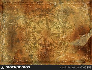 Blank banner with nautical victorian compass, copy space on grunge texture background. Collage with hand drawn graphic illustrations on paper, adventure concept