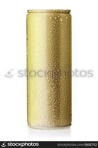 Blank big cold gold beer can mockup with drops, 500 ml,