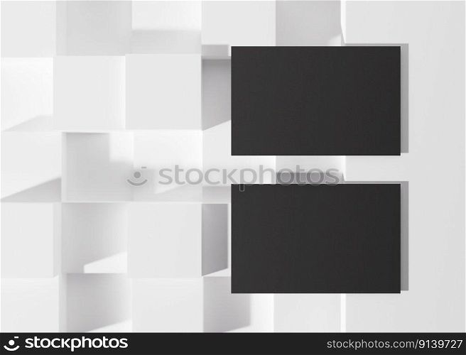 Blank black business cards on white background. Contemporary mock up for branding identity. Two cards to show both sides. Template for graphic designers. Free space, copy space. 3D rendering. Blank black business cards on white background. Contemporary mock up for branding identity. Two cards to show both sides. Template for graphic designers. Free space, copy space. 3D rendering.