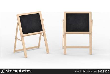 Blank black chalkboard stand with wooden frame, clipping path included