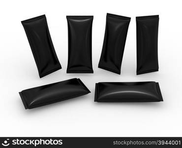 Blank black flow wrap packet with clipping path, packaging or wrapper for Chocolate ,cookies, biscuit, milk bar, wafers, crackers, snacks or any kind of food