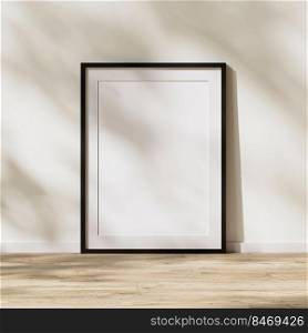 blank black frame with mat mock up, poster frame on wooden floor with sunlight with leaves shadow on white wall, 3d rendering
