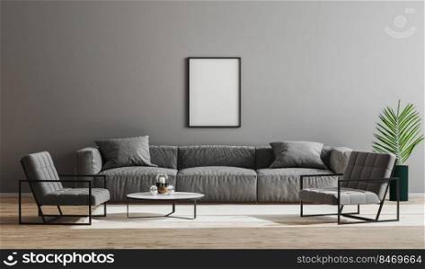 Blank black frames mock up in modern minimalist living room interior  with gray sofa, armchairs and coffee table, living room interior background, scandinavian style, modern furnished room, 3d render