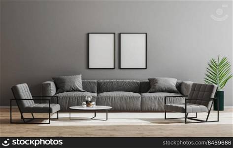 Blank black frames mock up in modern minimalist living room interior  with gray sofa, armchairs and coffee table, living room interior background, scandinavian style, modern furnished room, 3d render