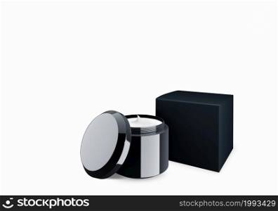 Blank black glossy cosmetic jar mock up on white background with smear cream in front view angle, 3d illustration