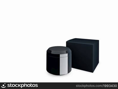 Blank black glossy cosmetic jar mock up on white background with smear cream in front view angle, 3d illustration