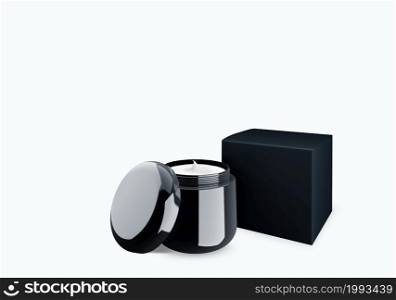 Blank black glossy cosmetic jar mock up on white background with smear cream in front view angle, 3d illustration