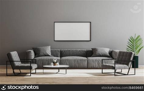 Blank black horizontal frame mock up in modern minimalist living room interior  with gray sofa, armchairs and coffee table, living room interior background, scandinavian style, 3d render