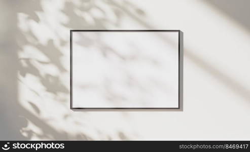 blank black horizontal frame mock up with leaves shadows and sunlight on white wall background, 3d rendering
