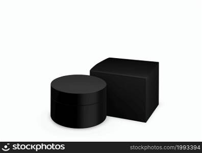 Blank black matte cosmetic jar mock up on white background with smear cream in front view angle, 3d illustration