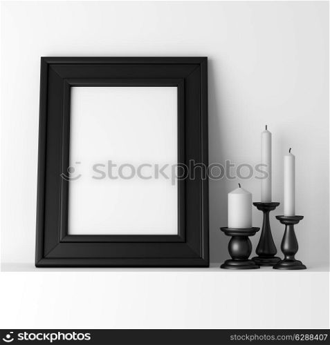 blank black photo frame on white shelf