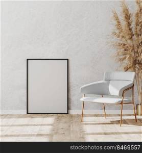 Blank black poster and picture frame on the wooden parquet floor near luxury white and gold chair and pampas grass in vase, white decorative plaster wall, 3d rendering