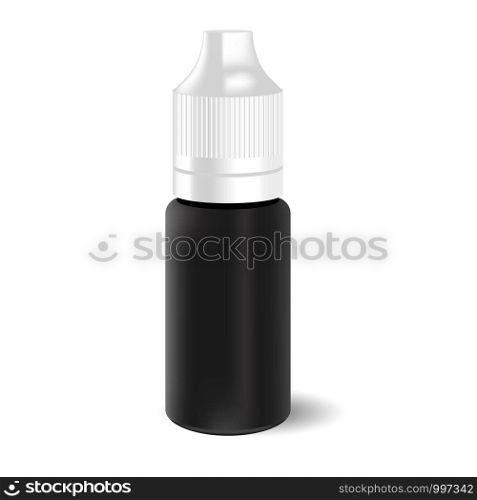Blank black vape liquid dropper bottle with white cap. Medicine jar for eye drops. HQ EPS illustration mockup template.. Blank black vape liquid dropper bottle white cap.