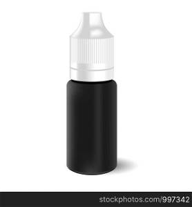 Blank black vape liquid dropper bottle with white cap. Medicine jar for eye drops. HQ EPS illustration mockup template.. Blank black vape liquid dropper bottle white cap.