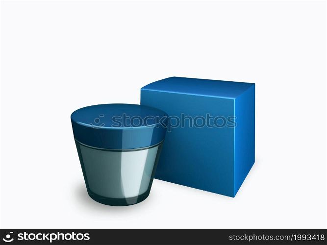 Blank blue sky cosmetic jar mock up on white background with smear cream in front view angle, 3d illustration