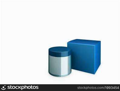 Blank blue sky cosmetic jar mock up on white background with smear cream in front view angle, 3d illustration