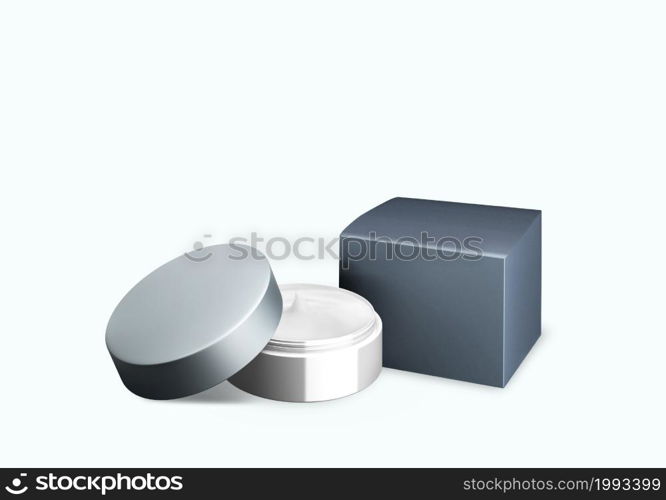 Blank bright grey cosmetic jar mock up on white background with smear cream in front view angle, 3d illustration