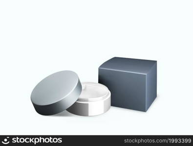 Blank bright grey cosmetic jar mock up on white background with smear cream in front view angle, 3d illustration