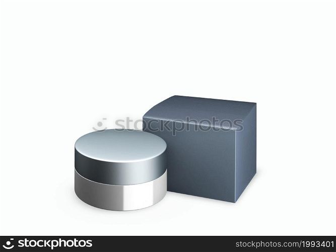 Blank bright grey cosmetic jar mock up on white background with smear cream in front view angle, 3d illustration