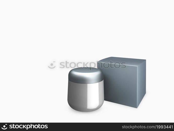 Blank bright grey cosmetic jar mock up on white background with smear cream in front view angle, 3d illustration