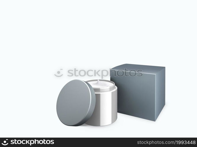 Blank bright grey cosmetic jar mock up on white background with smear cream in front view angle, 3d illustration