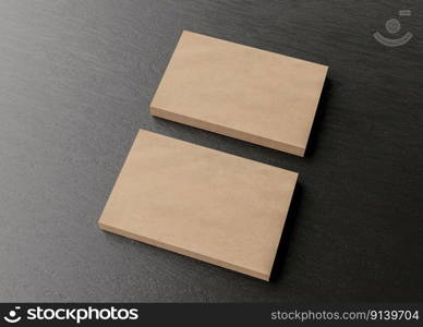 Blank brown cardboard business cards on dark wooden table. Mockup for branding identity. Two stacks, to show both sides of card. Template for graphic designers. Free space, copy space. 3D rendering. Blank brown cardboard business cards on dark wooden table. Mockup for branding identity. Two stacks, to show both sides of card. Template for graphic designers. Free space, copy space. 3D rendering.