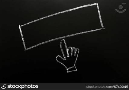 Blank button with a cursor hand drawn in chalk on a blackboard