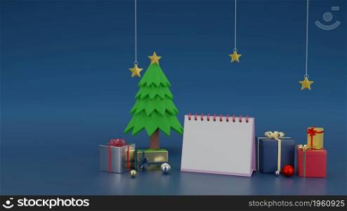 Blank calendar between present boxes or giftboxes festive celebration concept 3D rendering illustration
