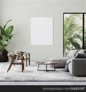 blank canvas in modern living room interior with beige wall, gray and wooden furniture and tropical plants with palm leaves, 3d rendering