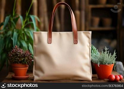 Blank canvas tote bag mockup in white eco friendly design with copy space concepts. Generative AI