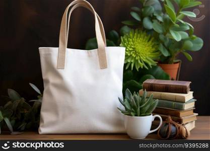Blank canvas tote bag mockup in white eco friendly design with copy space concepts. Generative AI