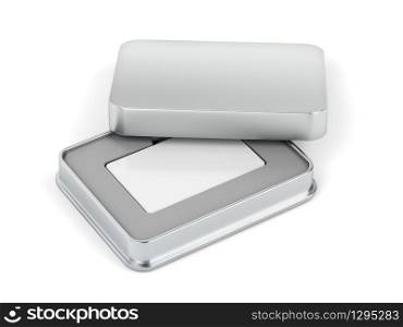 Blank card in a metal box on white background