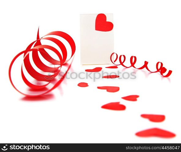 Blank card with red heart &amp; ribbon isolated on white background, conceptual image of love &amp; Valentine&rsquo;s day holiday&#xA;