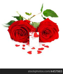 Blank card with red heart &amp; roses isolated on white background, conceptual image of love &amp; Valentine&rsquo;s day holiday