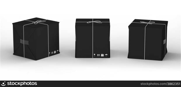 Blank cardboard carton wrapped with black paper and tied with string , clipping path included.&#xA;