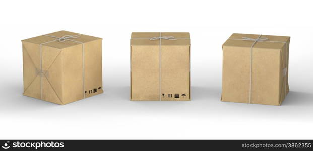 Blank cardboard carton wrapped with brown paper and tied with string , clipping path included.&#xA;