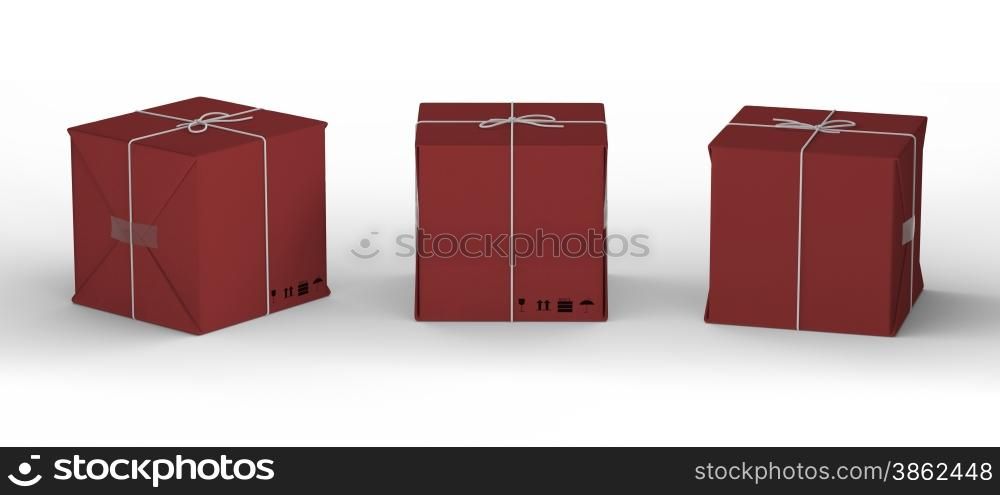 Blank cardboard carton wrapped with red paper and tied with string , clipping path included.&#xA;