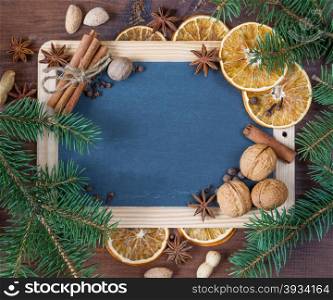 Blank chalkboard surrounded by green fir branches and white felts snowflakes
