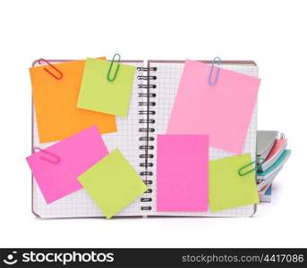 Blank checked notebook with notice papers isolated on white background cutout