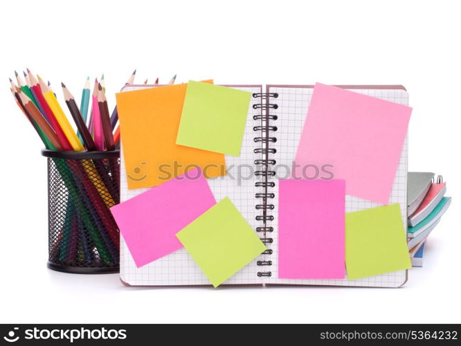 Blank checked notebook with notice papers isolated on white background cutout