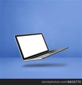 Blank computer laptop floating over a blue background. 3D isolated illustration. Square template. Floating computer laptop isolated on blue. Square background