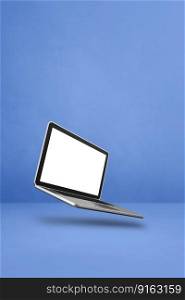 Blank computer laptop floating over a blue background. 3D isolated illustration. Vertical template. Floating computer laptop isolated on blue. Vertical background