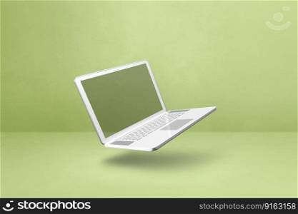 Blank computer laptop floating over a green background. 3D isolated illustration. Horizontal template. Floating computer laptop isolated on green. Horizontal background