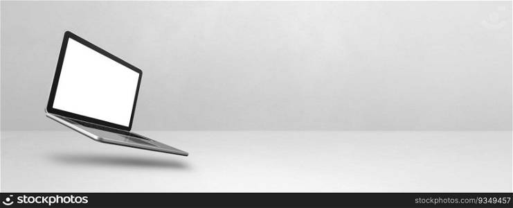 Blank computer laptop floating over a white background. 3D isolated illustration. Horizontal banner template. Floating computer laptop isolated on white. Horizontal banner background