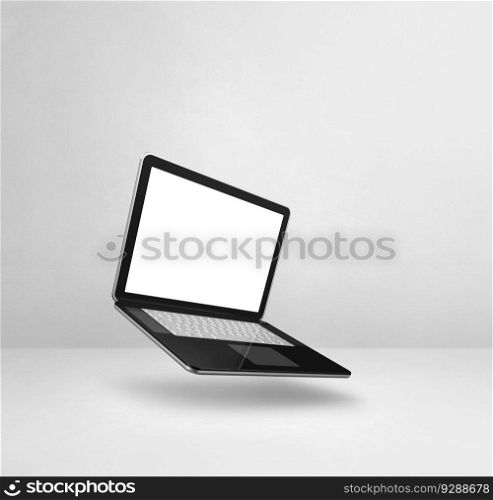 Blank computer laptop floating over a white background. 3D isolated illustration. Square template. Floating computer laptop isolated on white. Square background