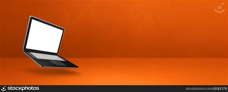 Blank computer laptop floating over an orange background. 3D isolated illustration. Horizontal banner template. Floating computer laptop isolated on orange. Horizontal banner background