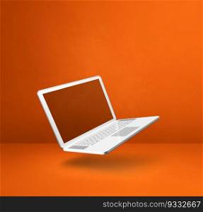 Blank computer laptop floating over an orange background. 3D isolated illustration. Square template. Floating computer laptop isolated on orange. Square background