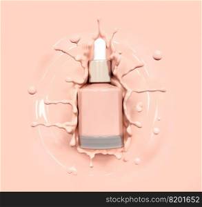 Blank cosmetics skincare product or packaging for mock up. Liquid makeup foundation bottle with cosmetic cream splash. Cosmetic product template. Dropper for branding in pink liquid splash. Blank label for branding. 3d rendering.