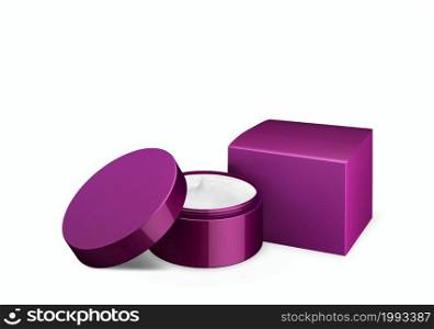 Blank deep lilac nacre cosmetic jar mock up on white background with smear cream in front view angle, 3d illustration