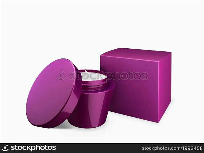 Blank deep lilac nacre cosmetic jar mock up on white background with smear cream in front view angle, 3d illustration
